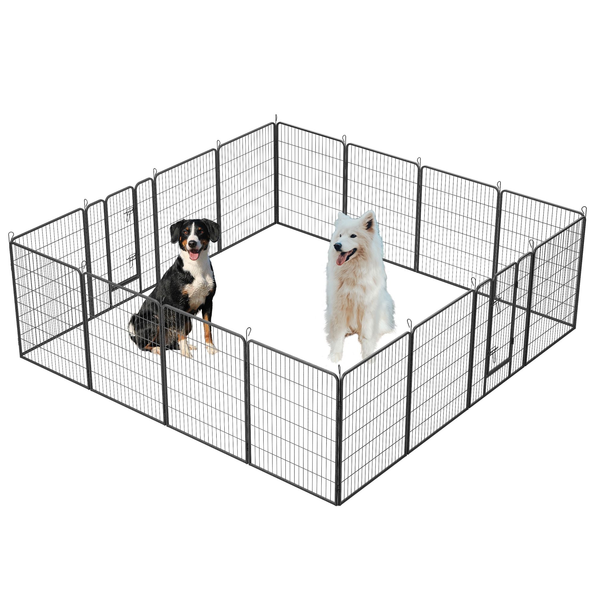 Black metal dog playpen outdoor with 16 panels and doors, 40-inch height for large, medium, and small dogs