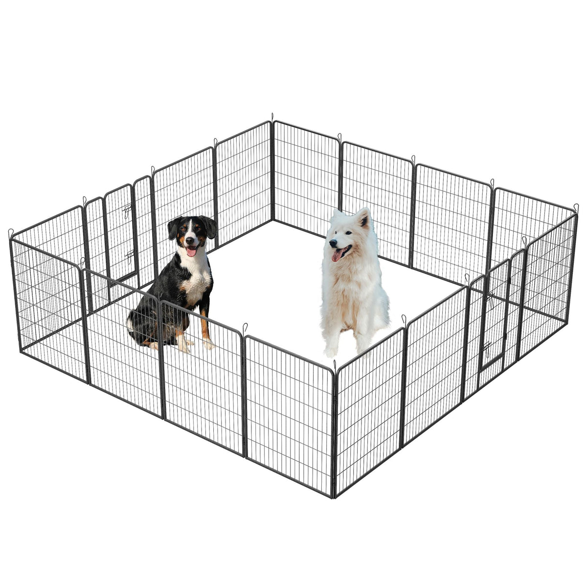 Black metal dog playpen outdoor with 16 panels and doors, 40-inch height for large, medium, and small dogs