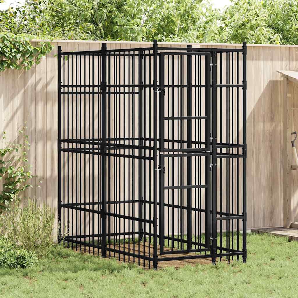 Black powder-coated steel outdoor dog kennel with lockable door and ventilation bars