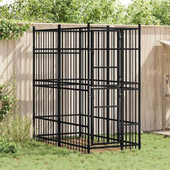 Black powder-coated steel outdoor dog kennel with lockable door and ventilation bars