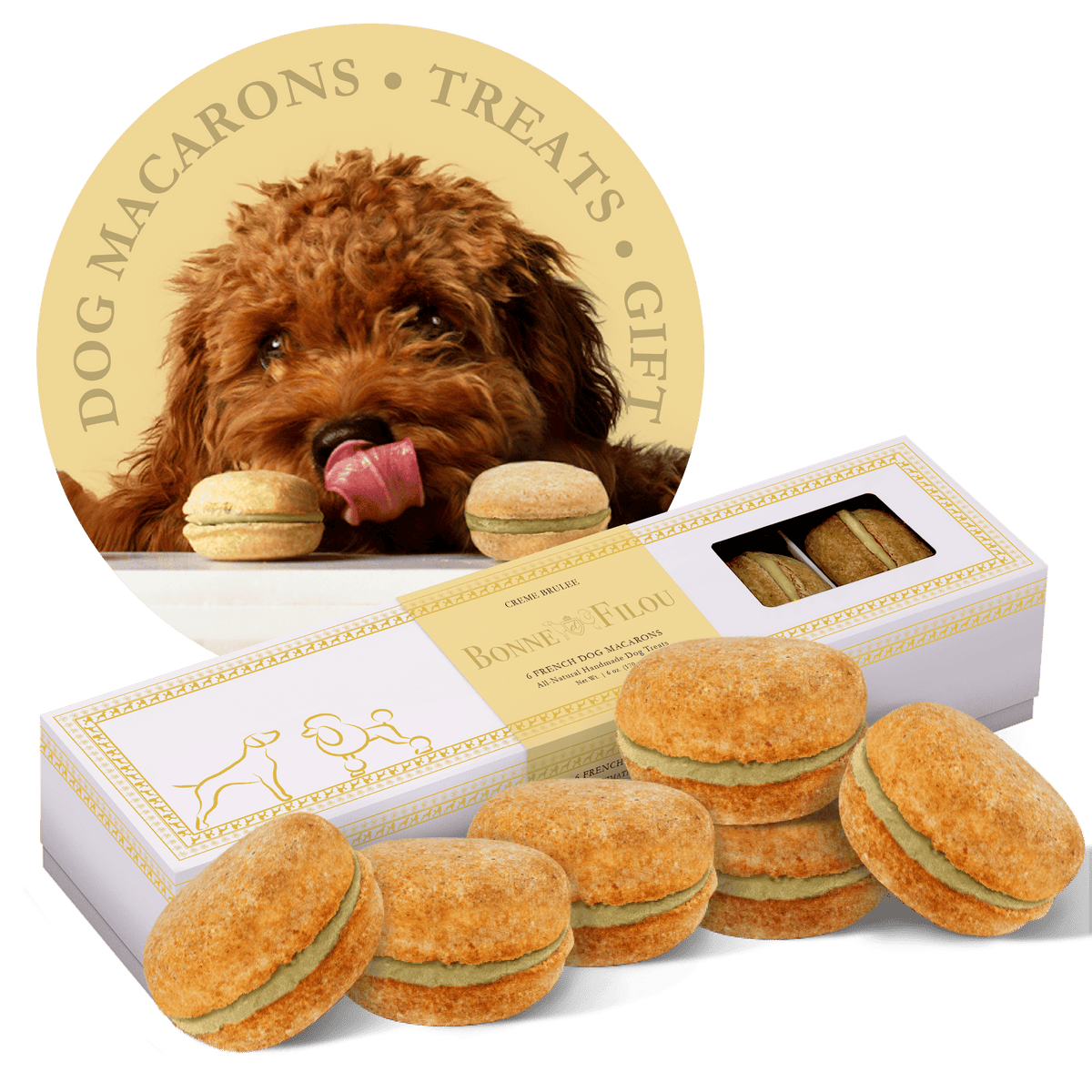 Box of 6 handmade, natural Dog Macarons treats with yogurt filling for long-lasting chew