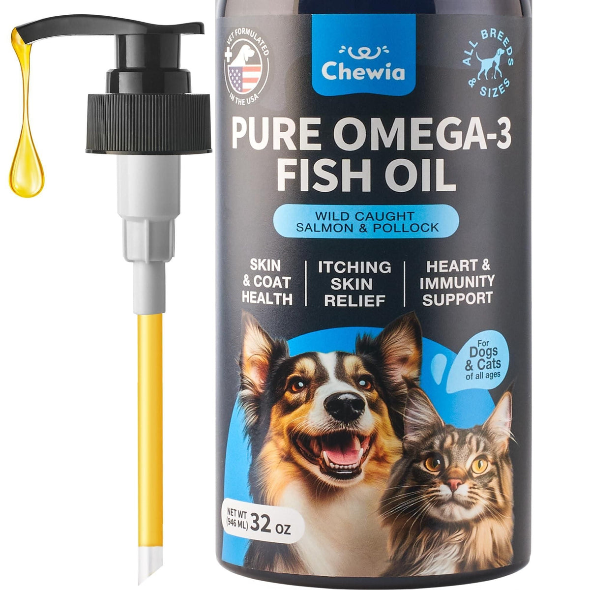 Chewia 32 oz Coat Skin All Breeds Dog Supplement Fish Oil for Skin and Coat Support