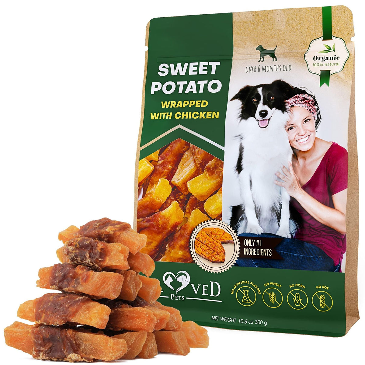 Dog sweet potato chew treats wrapped with chicken for healthy dental care and training