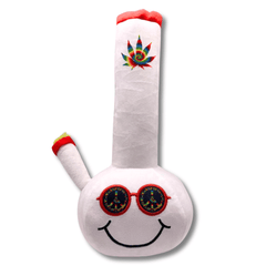 Funny squeaky weed dog toy shaped like a colorful plush bong with peace sign glasses and a built-in squeaker