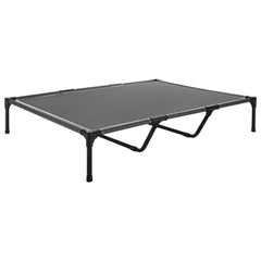 Elevated dog bed with steel frame and breathable mesh for large dogs, portable and gray, suitable for indoor and outdoor use