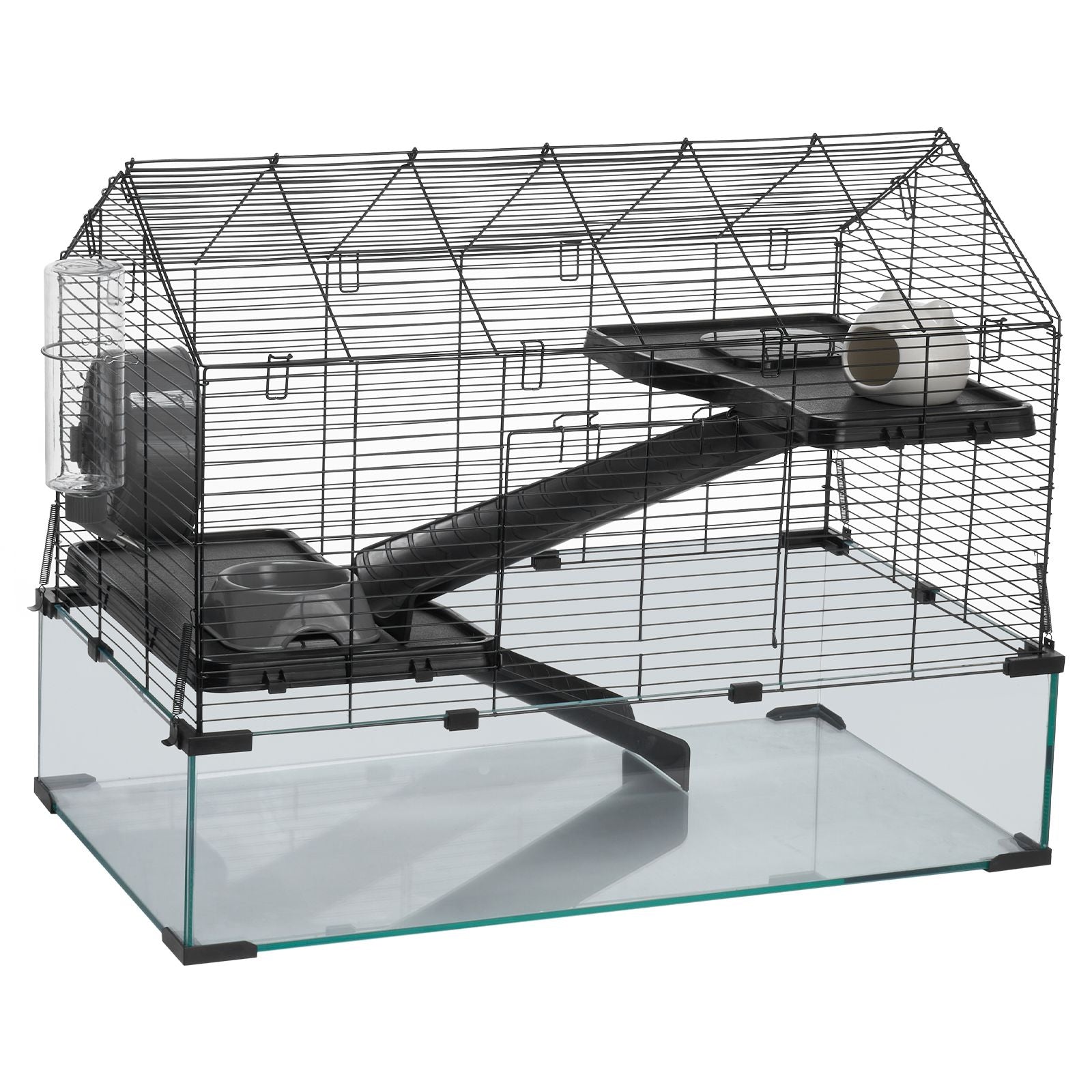 Transparent 360-degree viewing hamster cage with ventilation, water bottle, and spacious design for small pets like rats and guinea pigs
