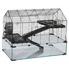 Transparent 360-degree viewing hamster cage with ventilation, water bottle, and spacious design for small pets like rats and guinea pigs