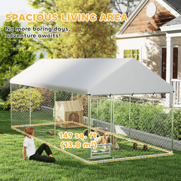 Silver galvanized steel dog kennel with waterproof Oxford fabric cover and adjustable bowl rack