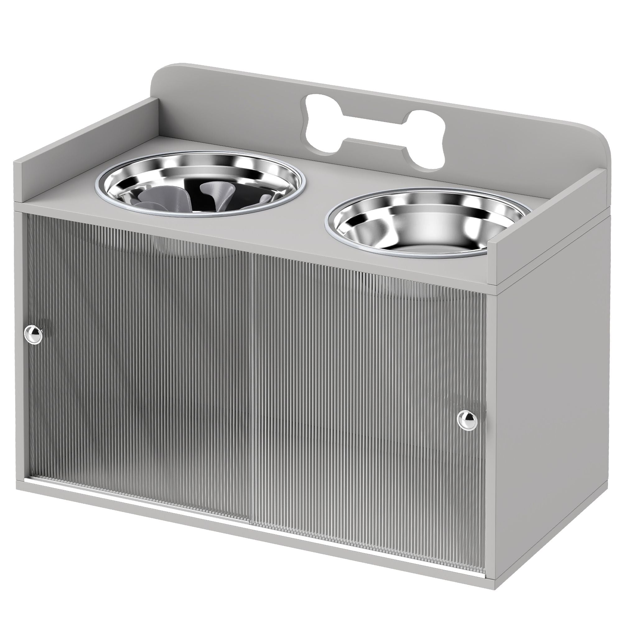 Gray elevated dog bowls with storage cabinet and stainless steel bowls for large dogs