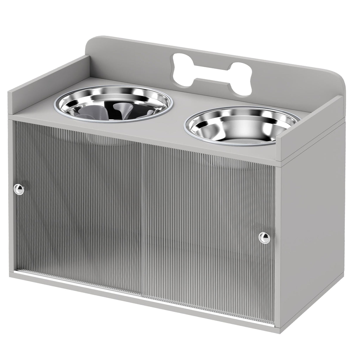 Gray elevated dog bowls with storage cabinet and stainless steel bowls for large dogs