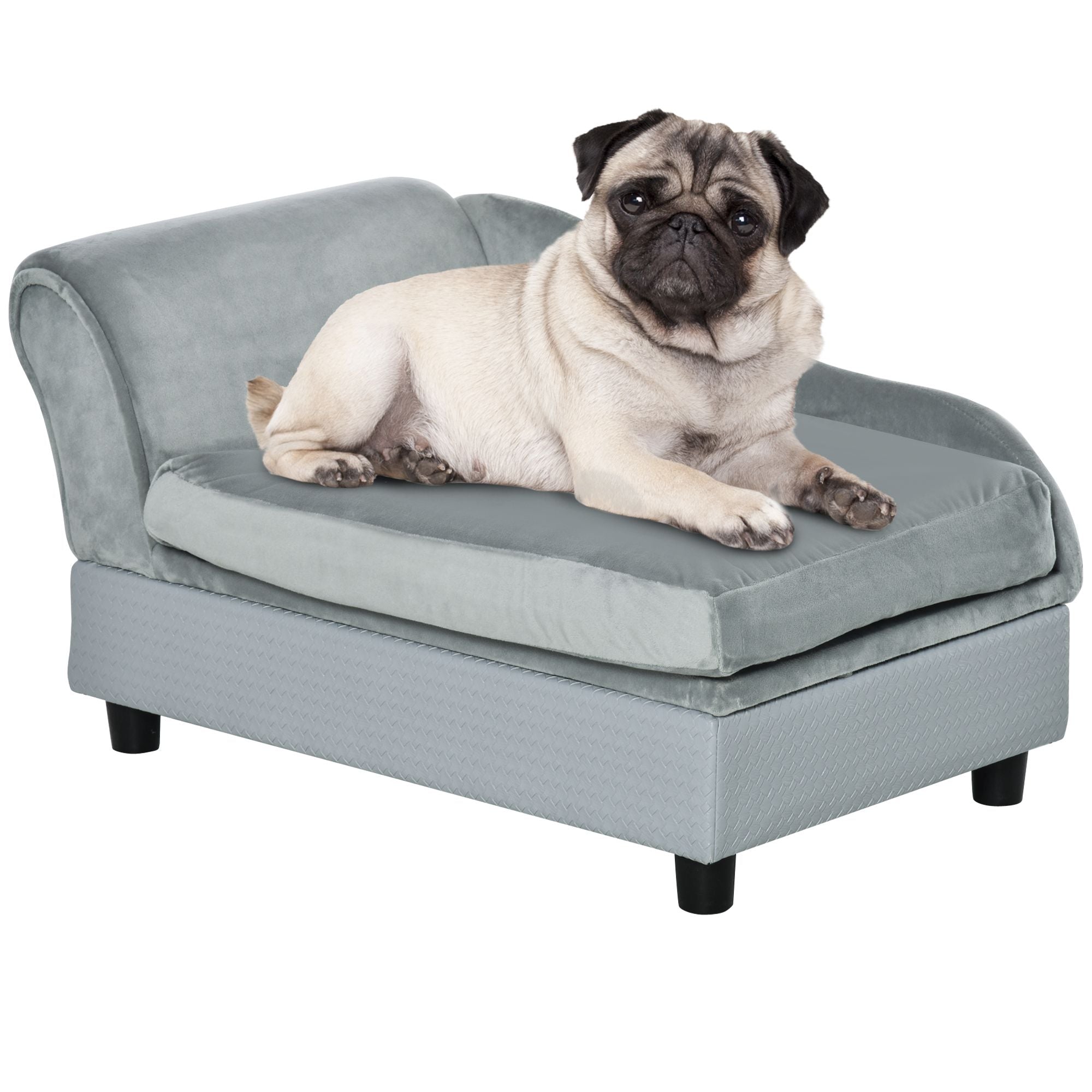 Luxury gray dog bed with soft foam cushion and hidden storage for small dogs