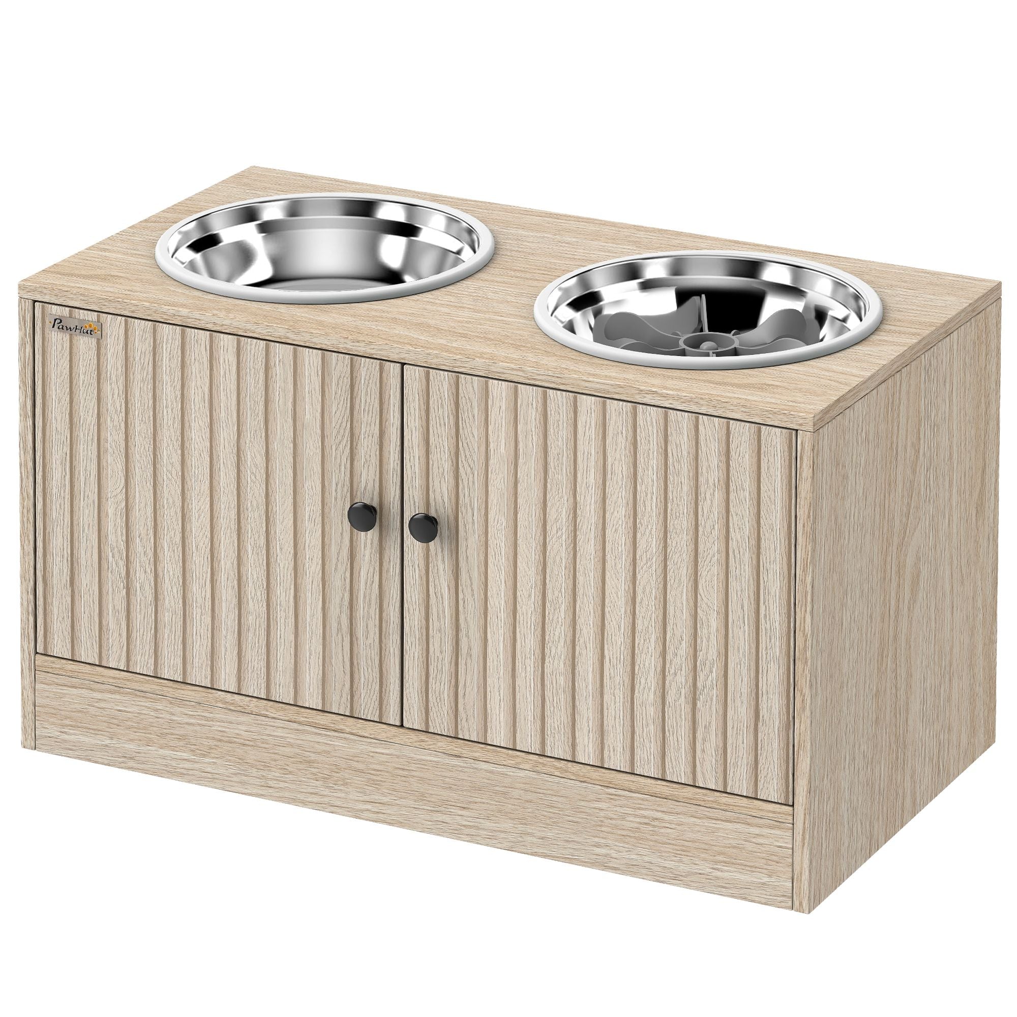 Elevated oak dog feeding station with two stainless steel bowls and storage cabinet for large dogs
