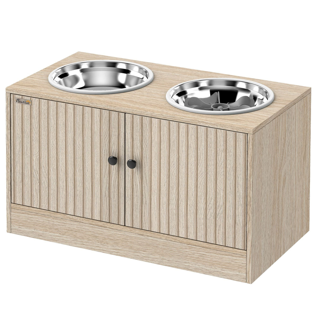 Elevated oak dog feeding station with two stainless steel bowls and storage cabinet for large dogs