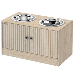 Elevated oak dog feeding station with two stainless steel bowls and storage cabinet for large dogs