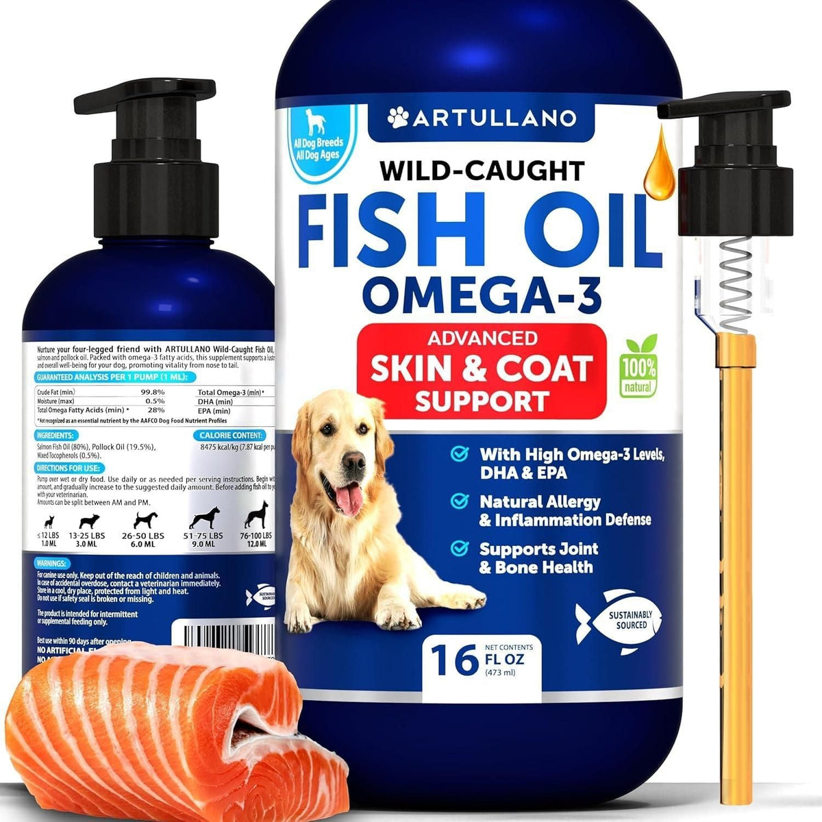 Omega 3 Fish Oil for Dogs bottle emphasizing skin, coat, joint and bone health support with high EPA & DHA from wild caught salmon and pollock oil