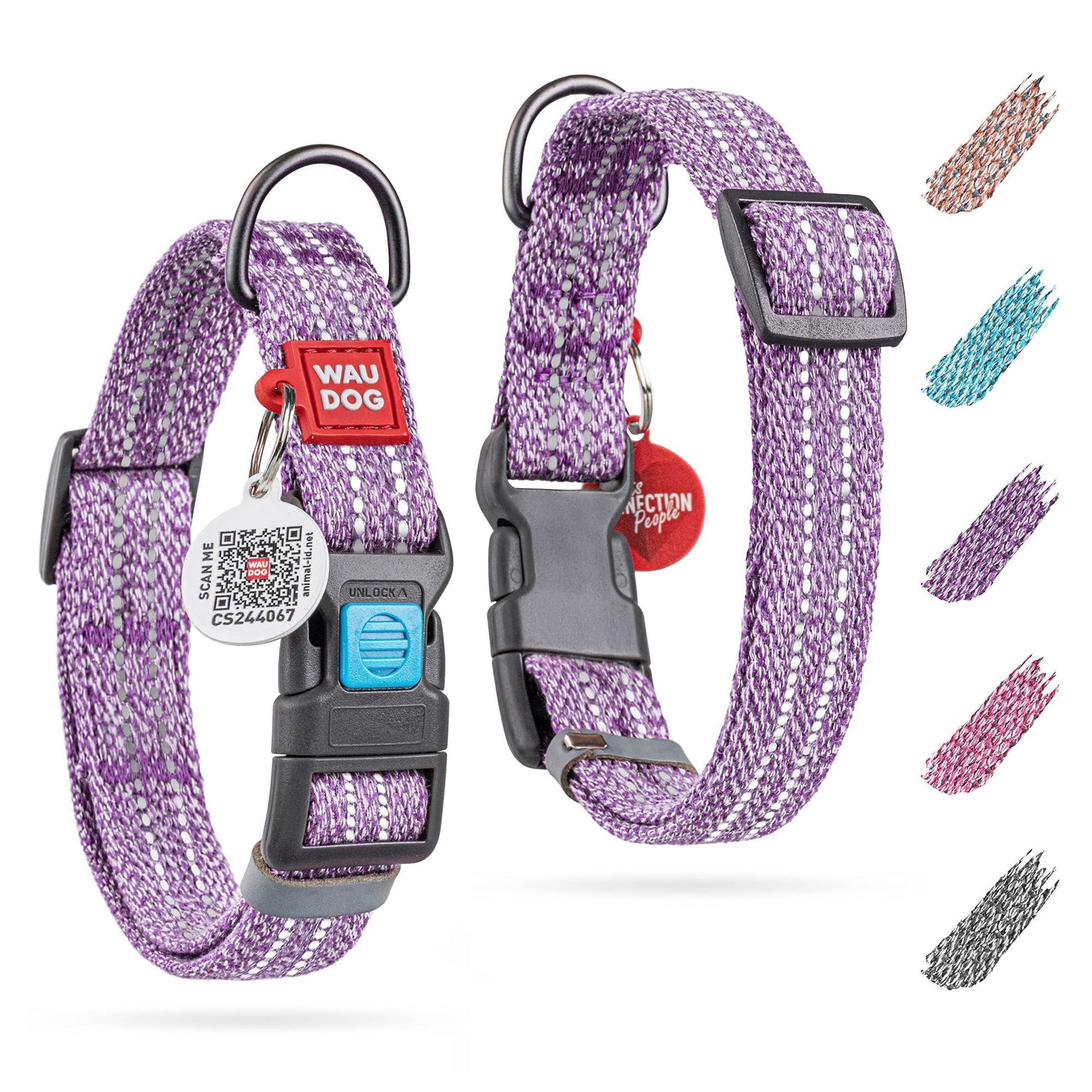 Purple reflective cotton dog collar made from recycled materials, adjustable for small to large dogs with durable plastic clasp and smart ID tag