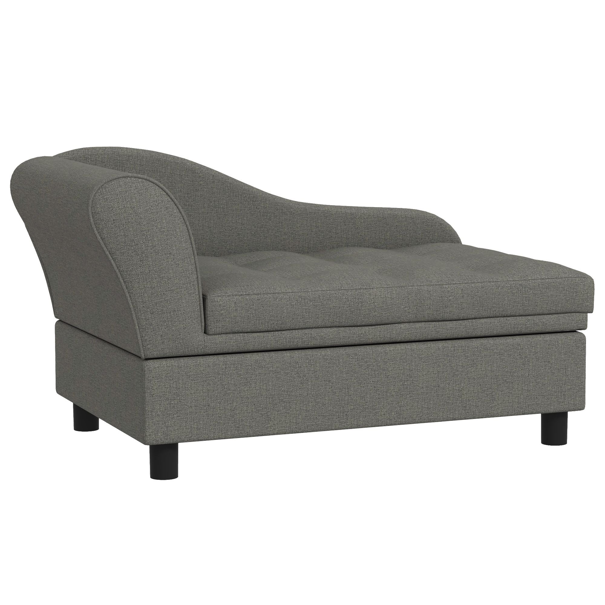 Elevated gray dog sofa with tufted cushion and under-seat storage for small dogs