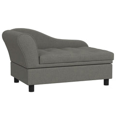 Elevated gray dog sofa with tufted cushion and under-seat storage for small dogs