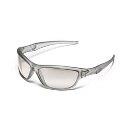Silver cyber futuristic sunglasses with black lenses and full frame design